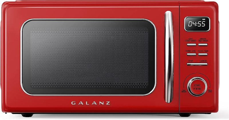 Photo 1 of **SEE NOTES** Galanz GLCMKZ11RDR10 Retro Countertop Microwave Oven with Auto Cook & Reheat, Defrost, Quick Start Functions, Easy Clean with Glass Turntable, Pull Handle, 1.1 cu ft, Red Modern Red 1.1 cu ft