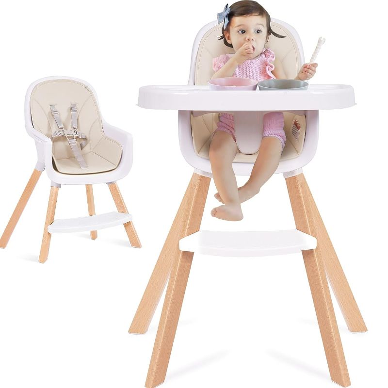 Photo 1 of 3-in-1 Convertible Wooden High Chair,Baby High Chair with Adjustable Legs & Dishwasher Safe Tray, Made of Sleek Hardwood & Premium Leatherette,Cream Color