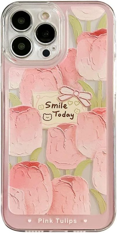 Photo 1 of BHALO for iPhone Clear Cute Pink Tulip Pattern Design Slim Shockproof Protective Cover for Women (iPhone 12)
