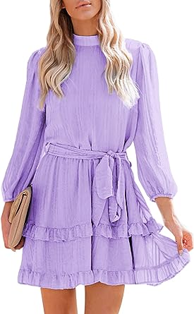 Photo 1 of Galawaqe Women's Cute Mock Neck Long Sleeve Mini Dress Loose Casual A-Line Short Dress with Belt SMALL
 