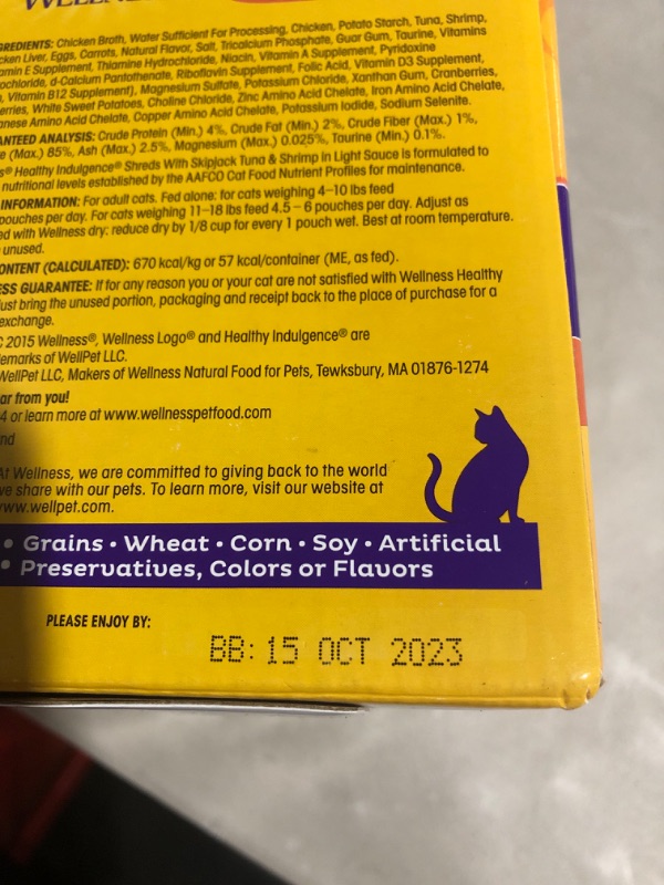 Photo 2 of **Best by: Oct. 15th, 2023**
Wellness Healthy Indulgence Shreds Grain-Free Wet Cat Food
