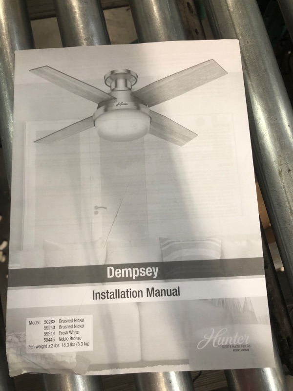 Photo 5 of * item damaged * missing pieces *
Hunter Fan Dempsey Low Profile Indoor Ceiling Fan with LED Light and Remote Control, Metal, Fresh White, 44 Inch