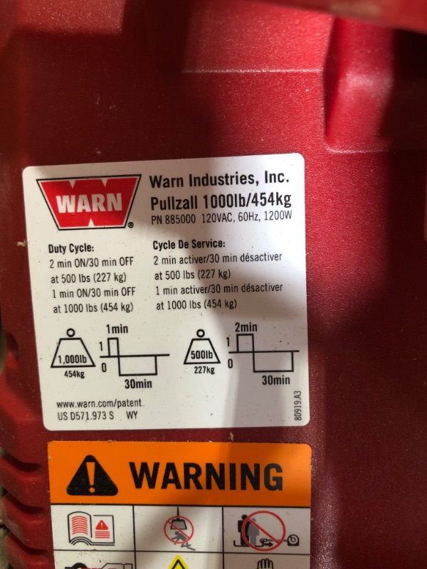 Photo 3 of **SEE NOTES**
 WARN 885000 PullzAll Corded 120V AC Portable Electric Winch with Steel Cable: 1/2 Ton (1,000 Lb) Pulling Capacity, Red