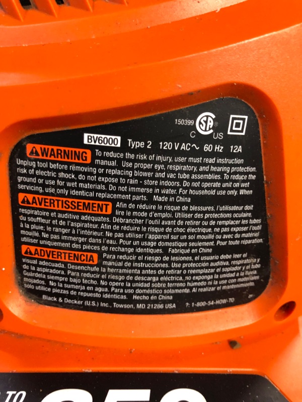 Photo 4 of **FOR PARTS OR REPAIR**
BLACK+DECKER Leaf Blower & Leaf Vacuum, 3-in-1, 12-Amp, 250-MPH, 400-CFM (BV6000)