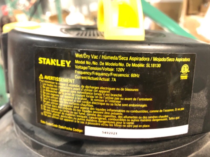 Photo 1 of **FOR PARTS** Stanley Wet/Dry Vacuum, 5 Gallon, 4 Horsepower, Stainless Steel Tank SL18130