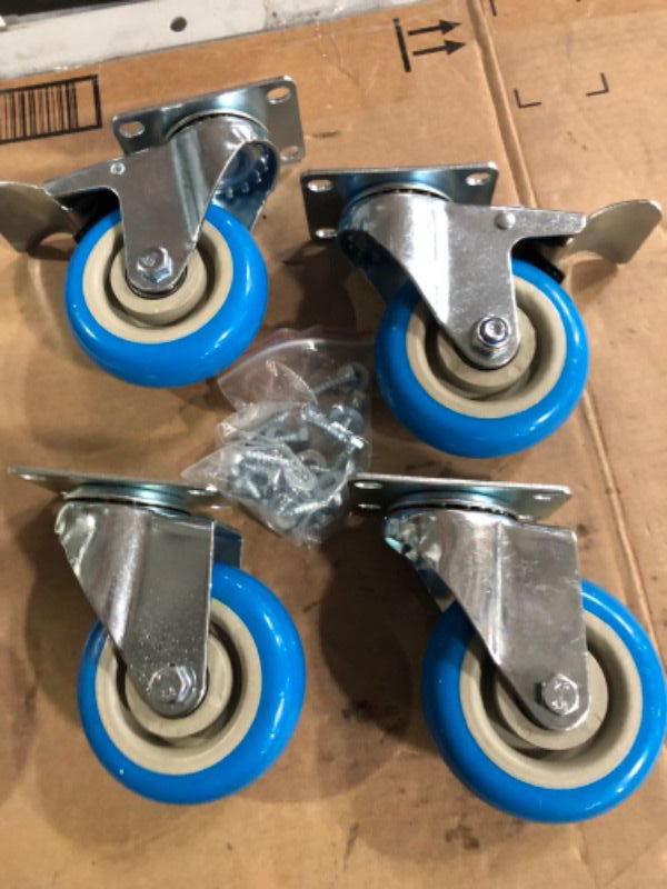 Photo 4 of (USED/MINOR DAMAGE) 4 Inch Stainless Steel Light Duty Swivel Caster Set of 4 Blue Poly Caster Wheels – 1,400lbs. Total Cpty– 