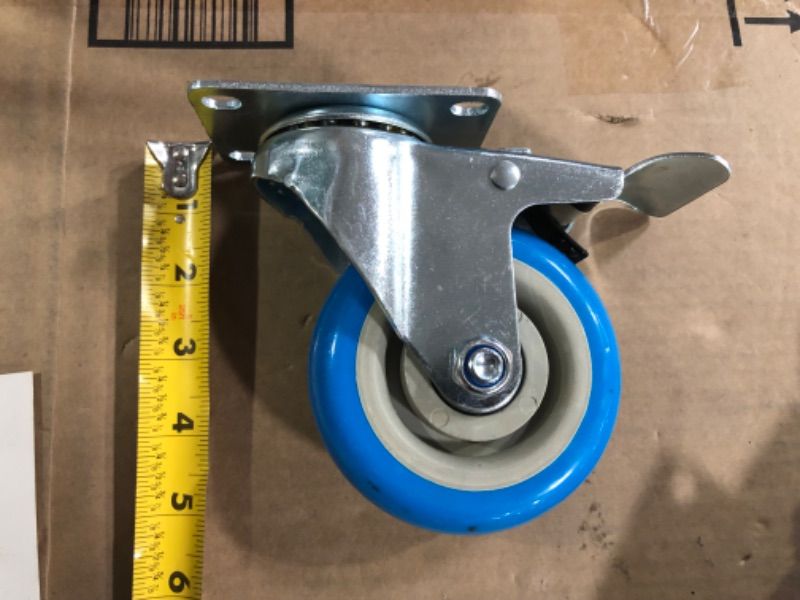 Photo 2 of (USED/MINOR DAMAGE) 4 Inch Stainless Steel Light Duty Swivel Caster Set of 4 Blue Poly Caster Wheels – 1,400lbs. Total Cpty– 