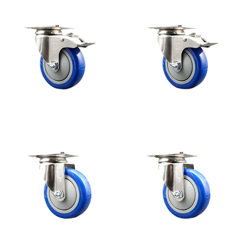 Photo 1 of (USED/MINOR DAMAGE) 4 Inch Stainless Steel Light Duty Swivel Caster Set of 4 Blue Poly Caster Wheels – 1,400lbs. Total Cpty– 