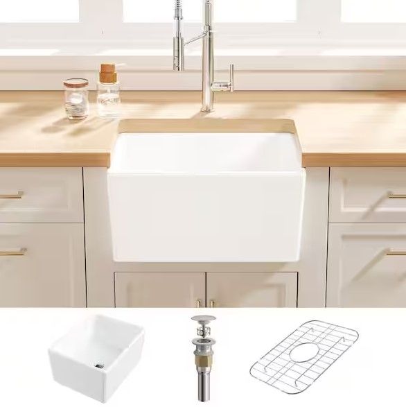 Photo 1 of **NEW**Denbigh Crisp White Ceramic 21 in. Single Bowl Farmhouse Apron Kitchen Sink with Bottom Grid and Pop-up Drain