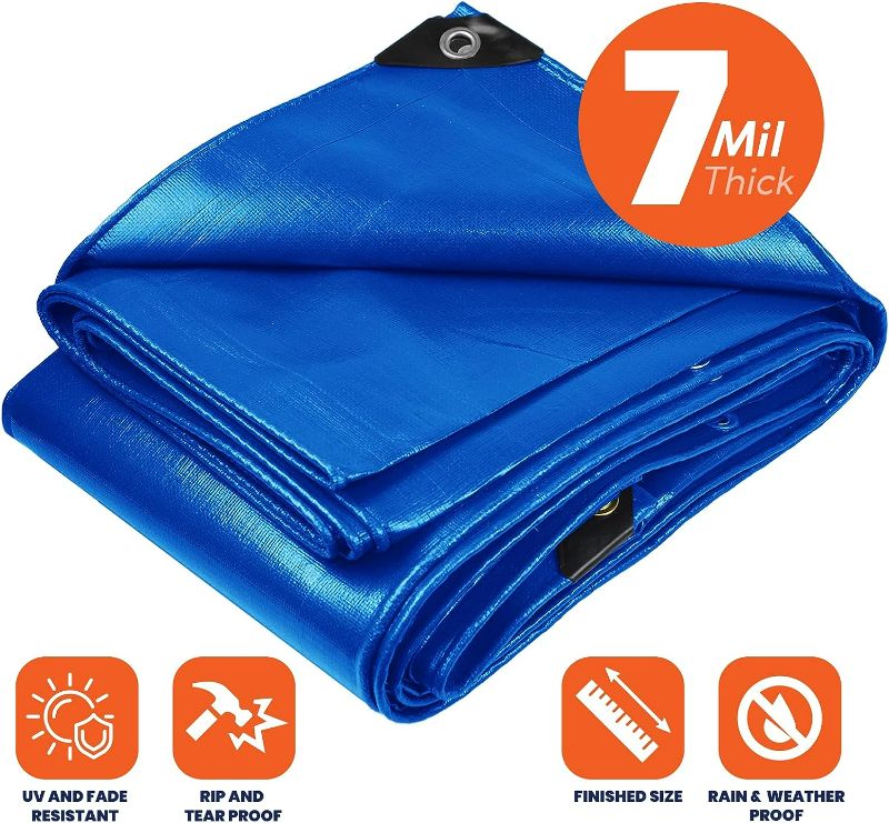 Photo 1 of [See Notes] Safety Heavy Duty 7 Mil Tarp Cover, Waterproof, UV Resistant, Blue