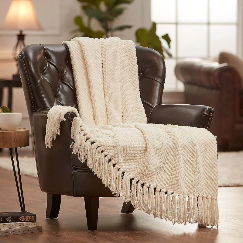 Photo 1 of  Textured Knit Throw Blanket with Tassels - Soft, Cozy Blanket for Couch, Bed