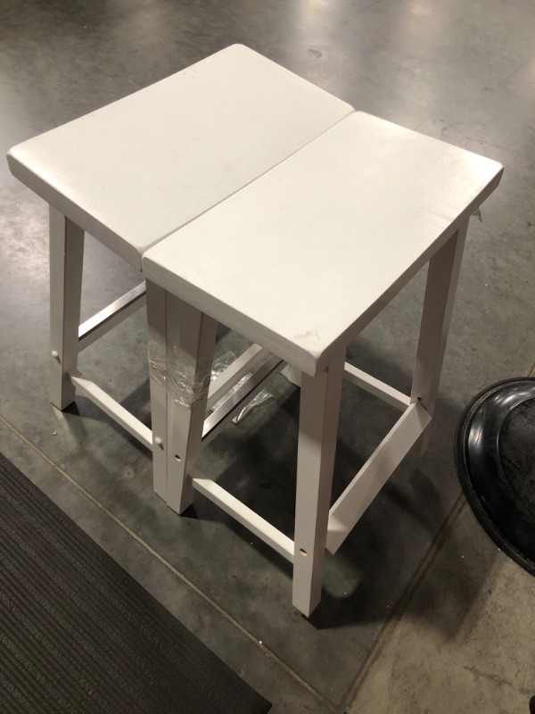 Photo 2 of **USED** Amazon Basics Solid Wood Saddle-Seat Kitchen Counter-Height Stool, 24-Inch Height, White - Set of 2 White 24" Counter Stool