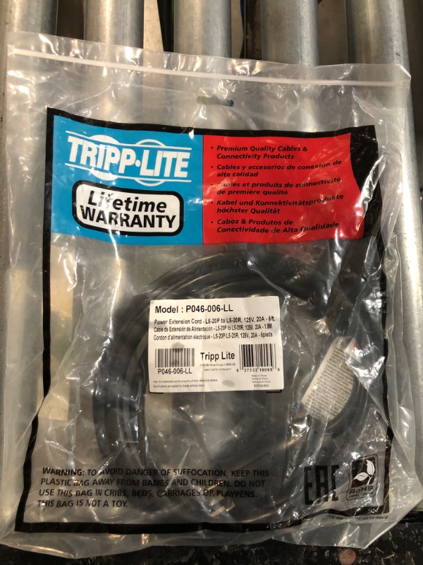 Photo 2 of TRIPP LITE P046-006-LL 6' Heavy Duty Power Extension Cord Adapter 20A, 12AWG, 6',Black