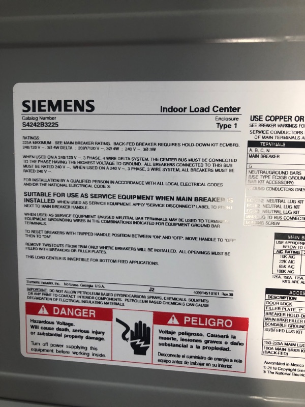 Photo 3 of **DAMAGED** Siemens PN4264L1225C PN Series 225 Amp 42-Space 64-Circuit Main Lug Plug-On Neutral Load Center Indoor with Copper Bus, Grey