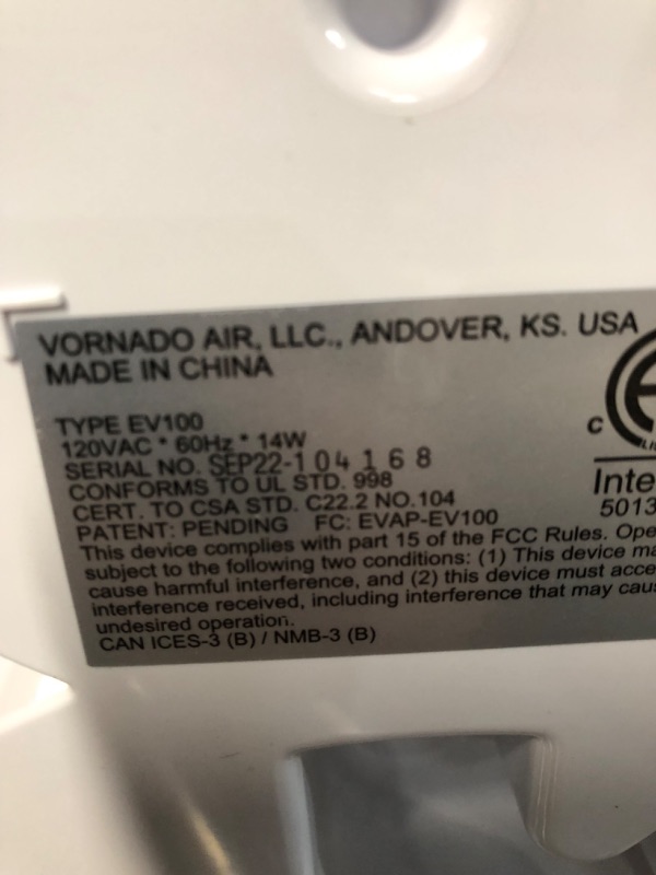 Photo 3 of **MISSING WATER TANK, PARTS ONLY** Vornado EV100 Evaporative Whole Room Humidifier with SimpleTank, 1 Gallon Capacity, White EV100 - 1 gallon Humidifier