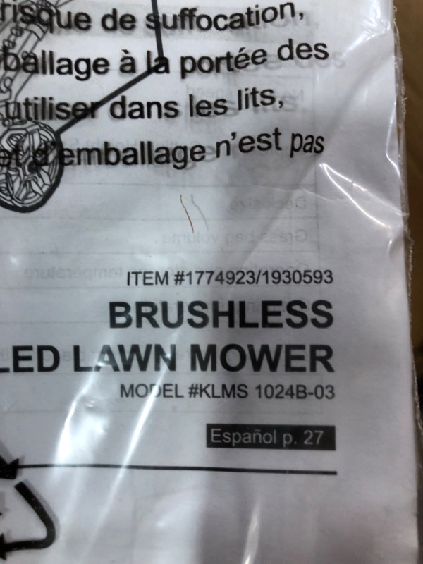 Photo 5 of ***UNTESTED - SEE NOTES***
Kobalt 24-Volt Brushless Lithium Ion Self-Propelled 20-in Cordless Electric Lawn Mower (Battery Included)