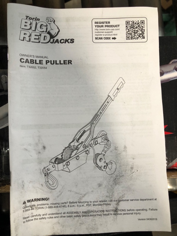 Photo 2 of BIG RED T32054 Torin Come-Along Double Gear Hand Cable Puller with 3 Hooks: 4 Ton (8,000 lb) Capacity