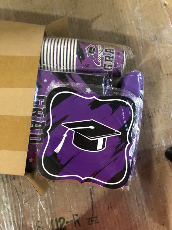 Photo 1 of 2023 Graduation Party Supplies 24 Guests Congrats Decorations Disposable Paper Plates Napkins Cups Knives Spoons Forks Banner Plastic Tablecloth for College School Graduation Dinnerware (Purple)
