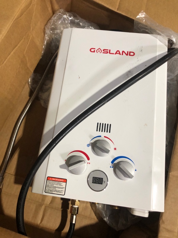 Photo 1 of **FOR PARTS ONLY** DAMAGED
Portable Water Heater, Camplux Propane Water Heater, 1.58 GPM Tankless Gas Water Heater, On Demand Water Heater, White 6L