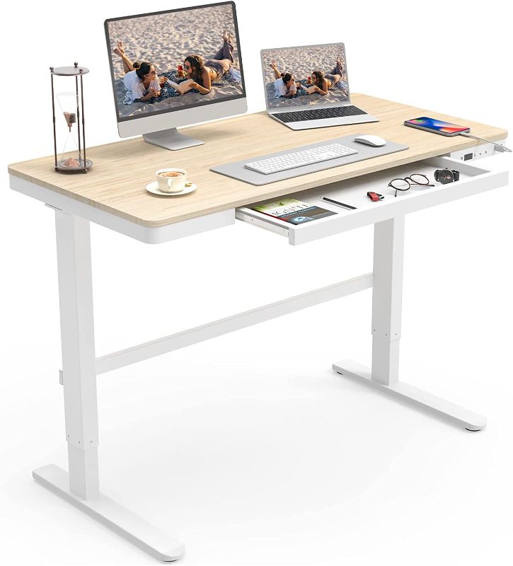 Photo 1 of [See notes] Joy Seeker Electric Standing Desk with Drawer, Height Adjustable Light Wood Tabletop/White Frame)
