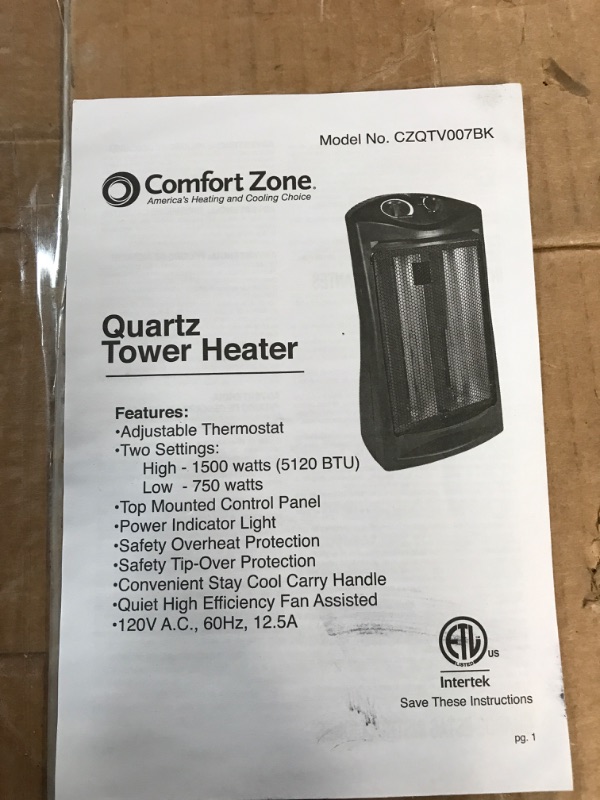 Photo 5 of [Used] Comfort Zone CZQTV007BK 1,500-Watt Electric Quartz Infrared Radiant Tower Heater with 3 Heat Settings and Overheat Protection, Black