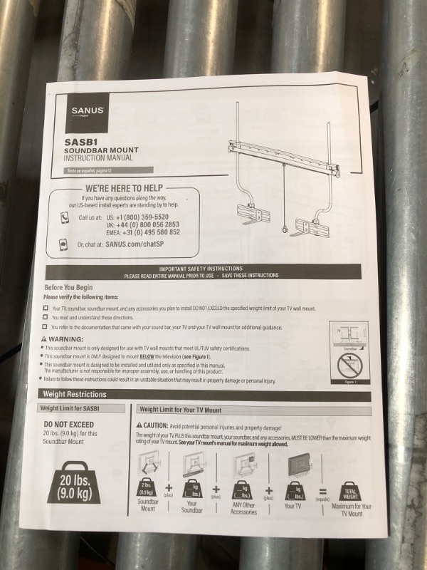 Photo 3 of Sanus Soundbar Mount For TV Mount Bracket - Height & Depth Adjust, Moves In-Sync With TV, Supports Sound Bars Up To 20 lbs - SASB1-B1