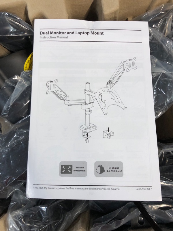 Photo 3 of MOUNTUP Dual Monitor and Laptop Mount, Gas Spring Monitor Stand for Two 13”-27" Flat Curved Computer Screens, with Laptop Keyboard Tray Fits 10-17 inch Notebook, 3-in-1 Adjustable Monitor Desk Mount