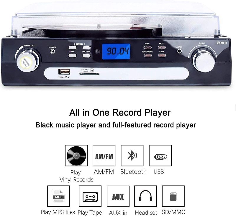 Photo 3 of DIGITNOW Bluetooth Record Player with Stereo Speakers, Turntable for Vinyl to MP3 with Cassette Play, AM/FM Radio, USB/SD Encoding, 3.5mm Music Output Jack(Black)