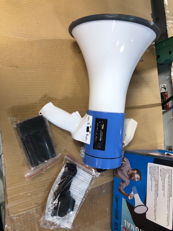 Photo 2 of * SEE NOTES * MGROLX 50W Professional Bluetooth Megaphone Bullhorn Speaker with Detachable Microphone-Rechargeable ( BLUE & WHITE ) 