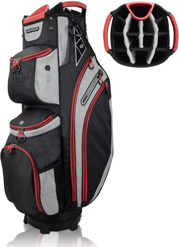 Photo 1 of 14 Way Golf Cart Bag for Push Bag Classy Design Full Length with Cooler, Rain Hood, Putter Well Red