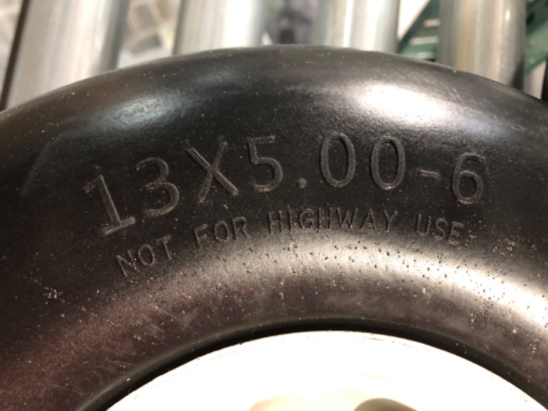 Photo 1 of 2pcs 13x5.00-6" Flat Free Lawn Mower tires lawn and garden lawn mower replacement Solid Tire and Wheel with Steel Rim 3/4" Grease Bushing and 3.25"-5.9" Centered Hub