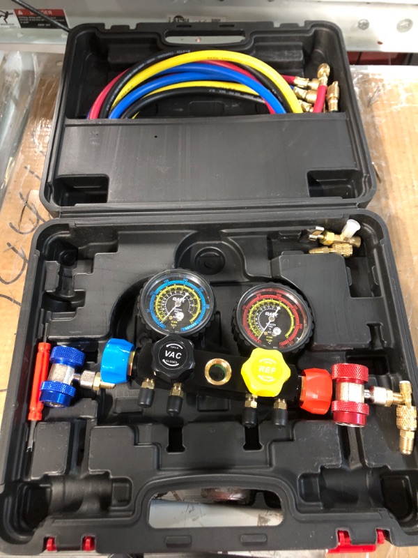 Photo 2 of Orion Motor Tech AC Vacuum Pump and Gauge Set, 4.5 cfm HVAC Vacuum Pump and 4 Way AC Gauges for R134a R410a R22 Refrigerants, with Leak Detector, Puncture and Self-Sealing Can Taps Quick Couplers