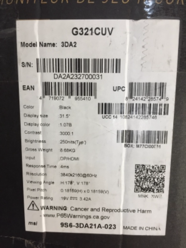 Photo 4 of MSI G321CUV, 32" Gaming Monitor, 3840 x 2160 (UHD), VA, 60Hz, FreeSync, HDR Ready HDMI, Displayport, Tilt Black 31.5" 31.5" 3440 x 1440 (UWQHD) VA FreeSync HDR Ready