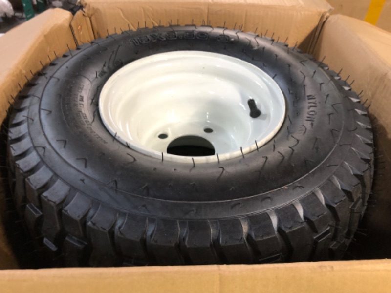Photo 3 of (2-Pack) 18” Tubeless Tires On Rims - 18x8.5-8 Tire and Wheel Assemblies - 4-Lug 4” Center - 2.83” Center Bore - Load Range B Max Tire Weight of 815 Lbs - Compatible with Alumacraft Boat Trailers 18"x8.5-8" white