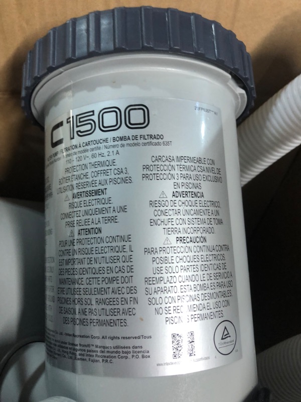 Photo 3 of (USED)INTEX 28635EG C1500 Krystal Clear Cartridge Filter Pump for Above Ground Pools, 1500 GPH Pump Flow Rate 1,500 Gallons Per Hour 1,500 Gallons Per Hour Filter Pump