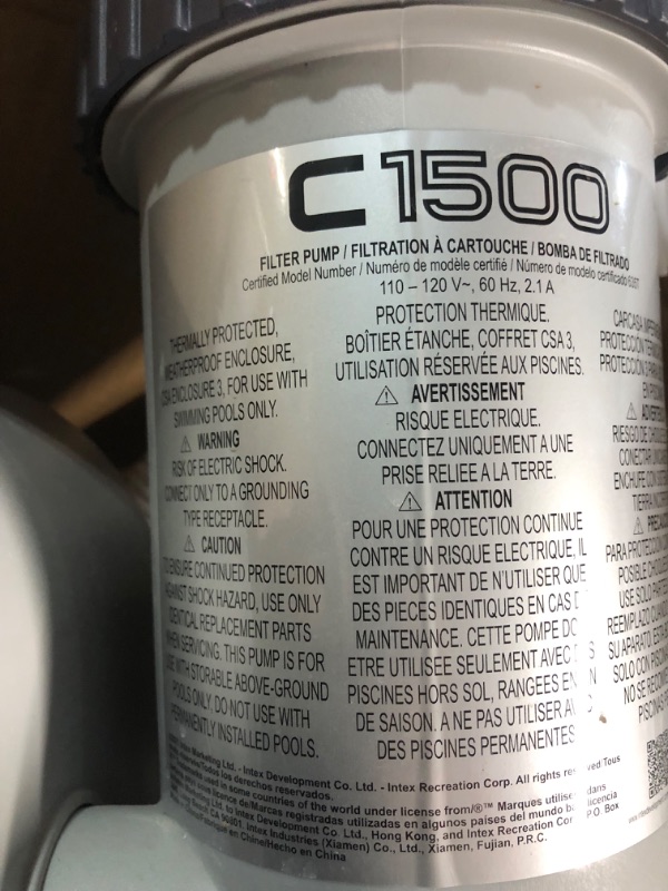 Photo 2 of (USED)INTEX 28635EG C1500 Krystal Clear Cartridge Filter Pump for Above Ground Pools, 1500 GPH Pump Flow Rate 1,500 Gallons Per Hour 1,500 Gallons Per Hour Filter Pump