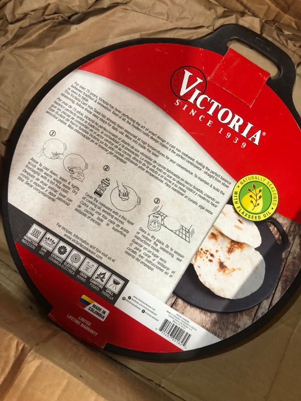 Photo 3 of (USED AND NO TORTILLA PRESS) ) Victoria Cast Iron Pizza Crepe Pan, 15 Inch, Black & 8 Inch Cast Iron Tortilla Maker, Flour Tortilla press, Rotis Press, Dough Press, Pataconera Seasoned with Flaxeed Oil, Black 