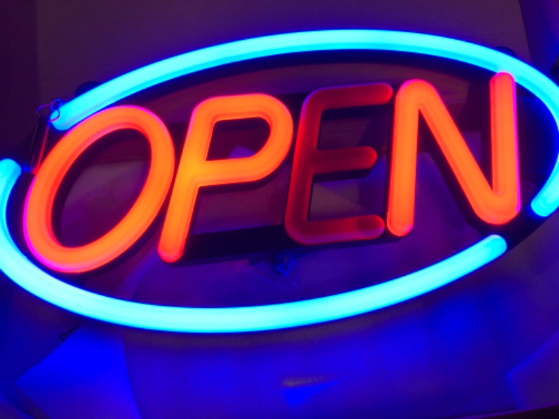 Photo 2 of LED Open Sign,Bright Open Sign with Remote Control,24x12 inch Large Size,Restaurant,Bar,Retail Shops,Window Storefronts,Salon,12V/2A Power Supply (Blue-Red)