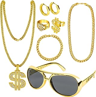 Photo 1 of Dreamtop 8Pcs Hip Hop Costume Accessories kit, 80s 90s Hip Hop Fancy Dress Accessories with Disco Gold Dollar Sign Necklace Bracelet Hip Hop Rings Earrings Sunglasses