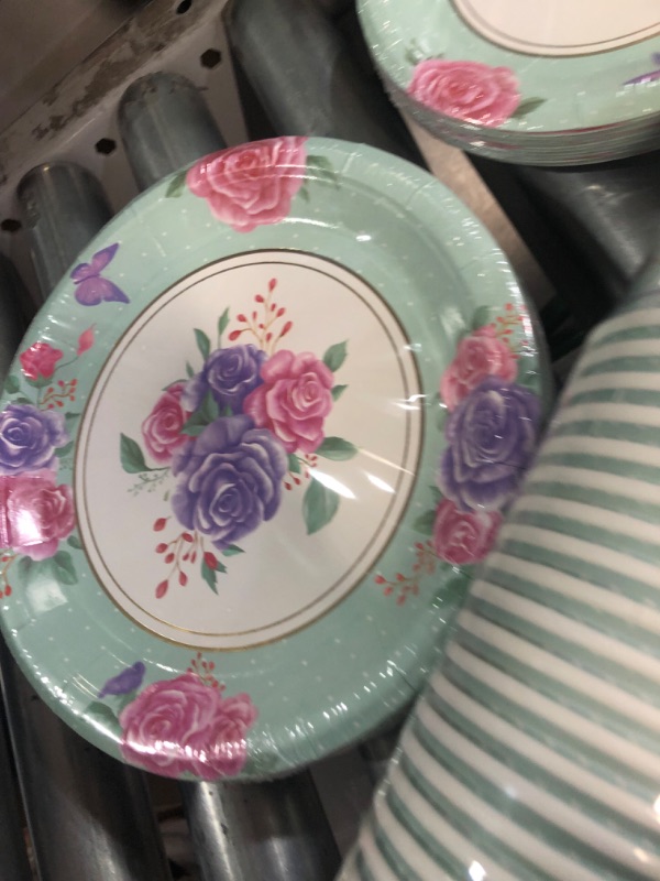 Photo 9 of DECORLIFE Tea Party Supplies Serves 16, Tea Party Plates and Napkins Sets, Paper Saucers, Tea Cups with Handles Total 128 PCS