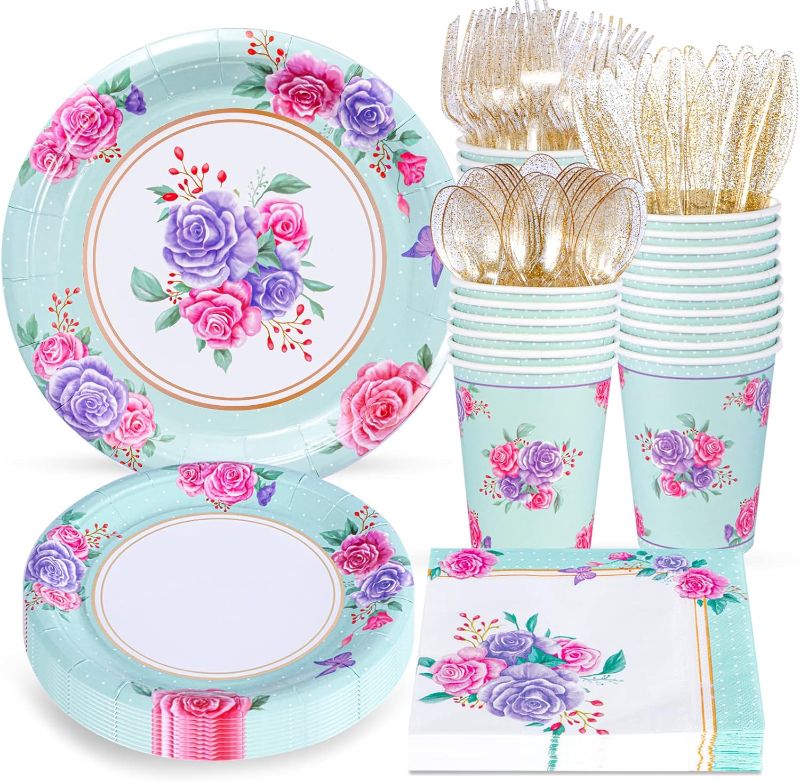 Photo 1 of **SEE NOTES**
Atonofun Floral Party Supplies Serves 24, Bridal Shower Plates, Disposable Floral Plates and Napkins Sets, Cups, Cutlery, for Baby Shower, Girl's Flower Birthday Party Decorations Tea Party Supplies
