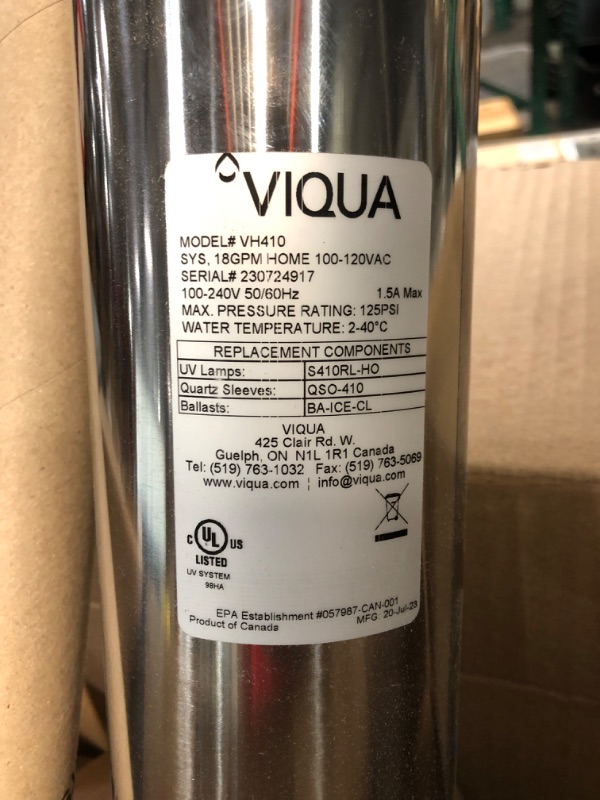 Photo 3 of **PARTS ONLY** VIQUA VH410 Home Stainless Steel Ultraviolet Water System - 18 GPM 3/4 MNPT 120V