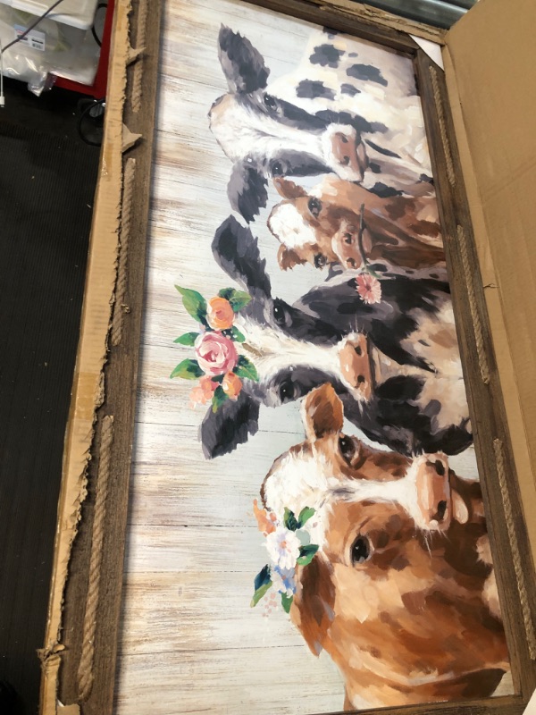 Photo 2 of Wooden Funny Cow Art Painting: Large Rustic Farmhouse Theme Framed Wall Decor Cute Farm Animal Artwork Prints Flower Crown Cattle Picture for Home Office Bedroom Living Room Decoration 40x20 inch Cow Theme 01 40"x20"