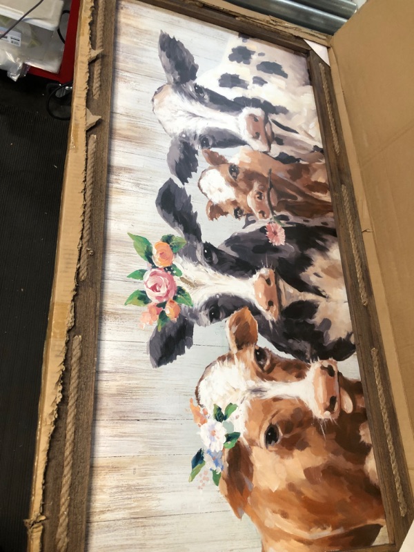 Photo 4 of Wooden Funny Cow Art Painting: Large Rustic Farmhouse Theme Framed Wall Decor Cute Farm Animal Artwork Prints Flower Crown Cattle Picture for Home Office Bedroom Living Room Decoration 40x20 inch Cow Theme 01 40"x20"