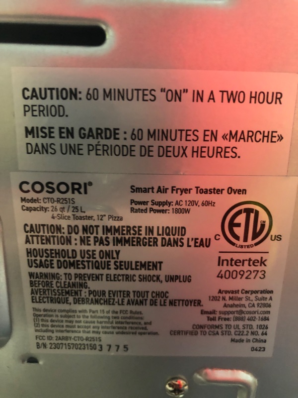 Photo 5 of * used item * damaged * powers on * 
Cosori CS130-AO Air Fryer Toaster Combo 30L 12 Functions Large Countertop, 100 Recipes