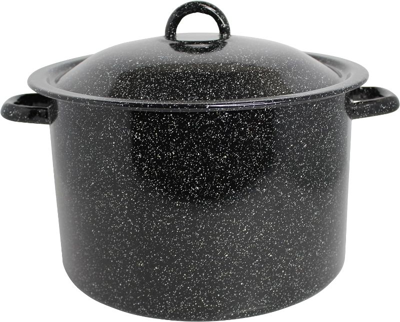 Photo 1 of ***MAJOR DAMAGE - HAS A HOLE - UNUSABLE - SEE PICTURES***
Mirro 21Qt Traditional Vintage Style Black Speckled Enamel on Steel Stock Pot with Lid