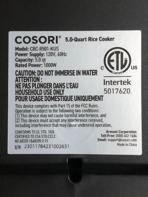 Photo 5 of ***POWERS ON - UNABLE TO TEST FURTHER***
COSORI Rice Cooker Maker 18 Functions, Stainless Steel Steamer, Warmer, Slow Cooker, Sauté, 1000w, 10 Cup