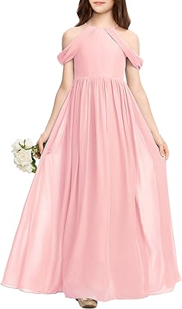 Photo 1 of Galawaqe Girls Chiffon Junior Bridesmaid Dress Off-Shoulder Long Wedding Pageant Party Gowns 5-14 Years
