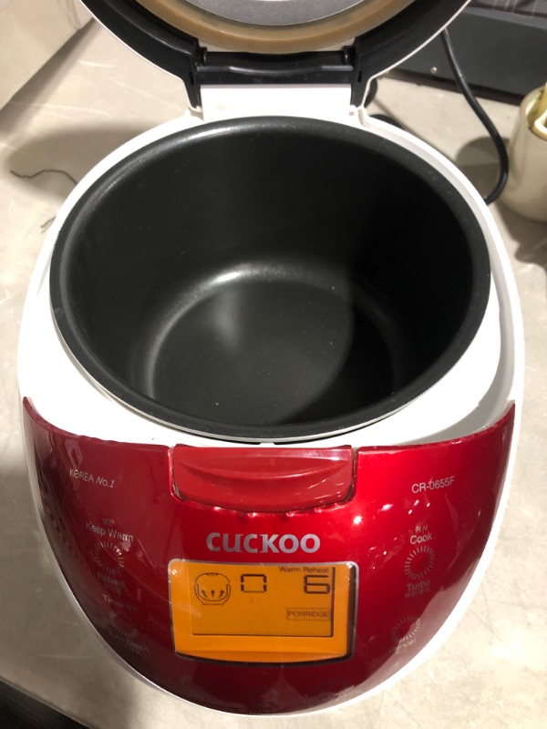 Photo 2 of * used item * powers on * unable to test further *
CUCKOO CR-0655F | 6-Cup (Uncooked) Micom Rice Cooker | 12 Menu Options: White Rice, 