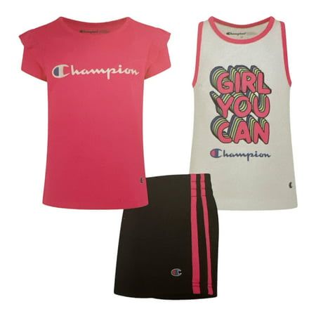 Photo 1 of Champion Girl S 3 Piece Polyester Tee Cotton Tank & Short Set (Knockout Pink/White/Black 2T)
